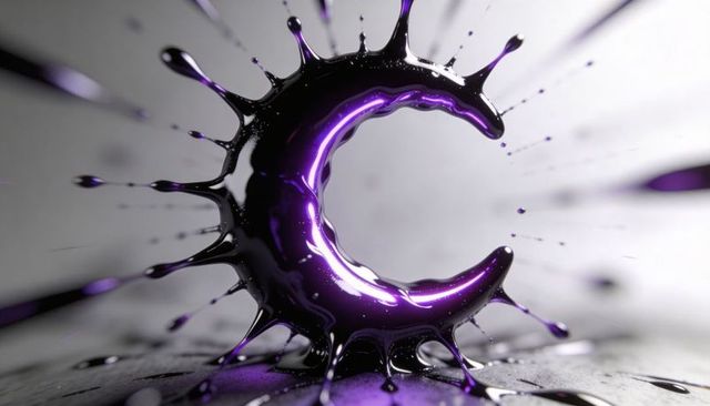 Forming glossy metallic purple crescent splash with reflective tendrils and suspended droplets