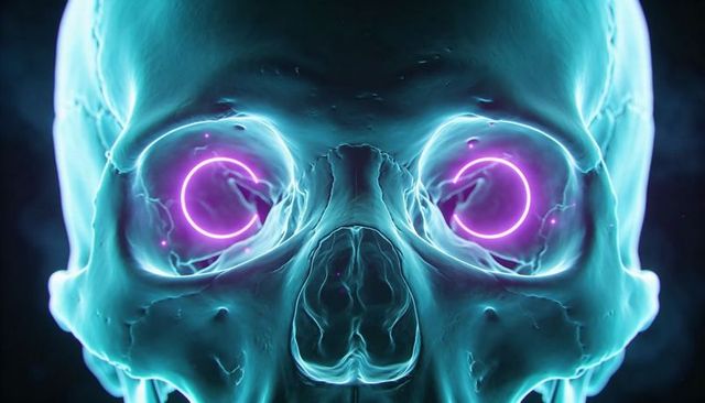 Neon cyberpunk skull with glowing magenta eye rings and cyan luminescent fissures