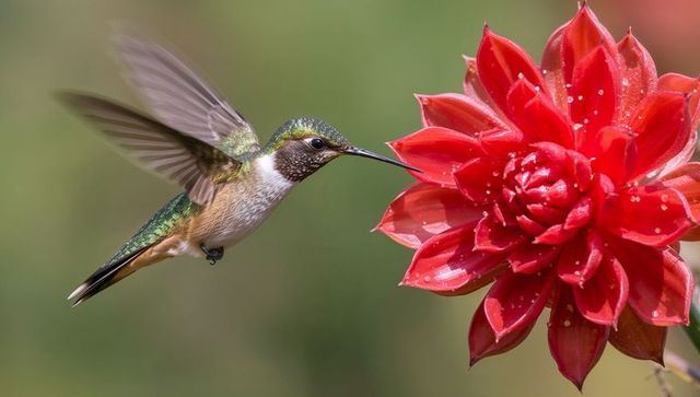 Hovering iridescent hummingbird extending bill to red dahlia bloom, closeup
