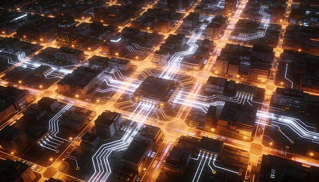 Glowing digital city grid with central data hub and circuit-like light trails at night