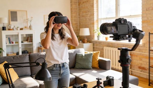 Young woman testing vr headset in bright home studio while recording with dslr gimbal
