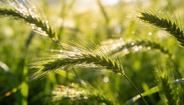 Shimmering barley spike catching golden morning light with dew droplets macro