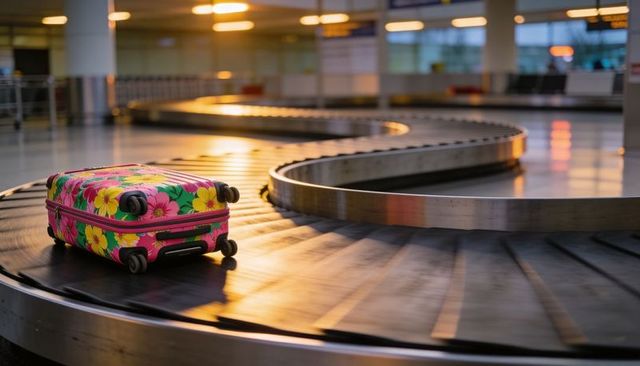Colorful floral suitcase rolling on curved airport baggage carousel during golden hour