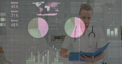 Healthcare Professional Analyzing Data with Digital Interface Overlay
