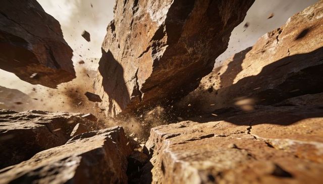 Rust-brown rock slab collapsing in narrow desert canyon, throwing dust and fractured debris