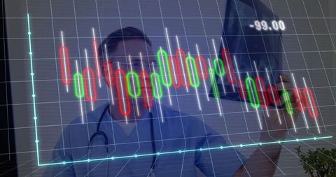 Doctor Analyzing Health Trends with Stock Chart Data in Clinic