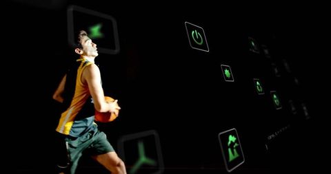 Basketball Player in Dark Gym with Futuristic Digital Icons