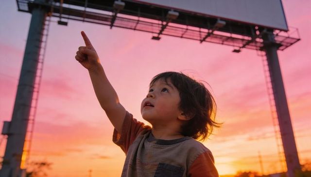 Child pointing at sky under roadside billboard during vibrant sunset glow