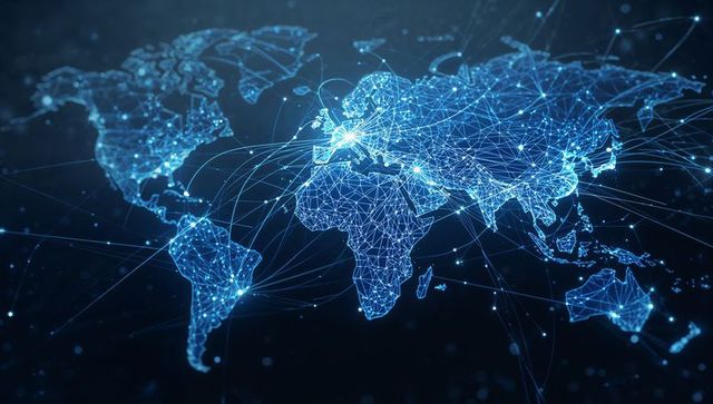 Connecting Continents with Glowing Digital Network Map Highlighting Global Data Flows
