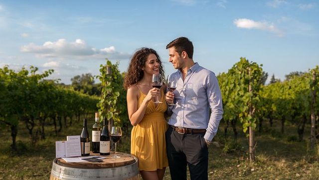 Couple tasting red wine in sunlit vineyard at golden hour, romantic wine tasting experience