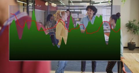 Collaborating professionals meeting with growth chart overlay