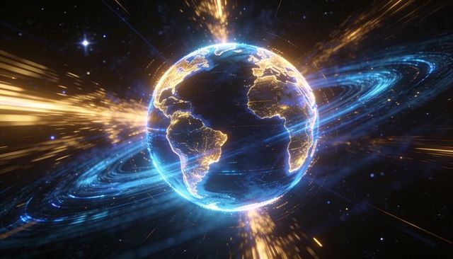 Futuristic earth globe rotating with golden city lights and blue energy rings in space