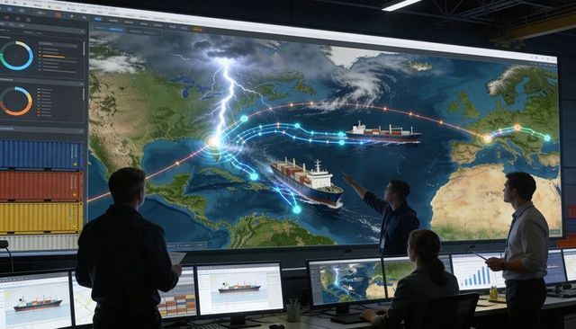 Maritime Control Center Monitoring Atlantic Shipping Routes on Wall-Size Tactical Map