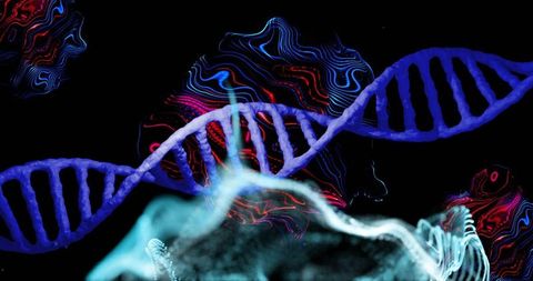 Neon dna double helix undulating with glowing topography, cyan wisps and particle energy