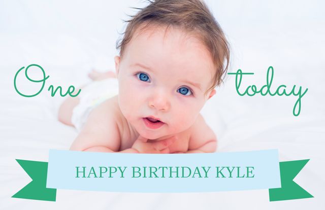 Image showcases an adorable baby celebrating their first birthday. Perfect for use in birthday cards, family photo albums, invitations, and marketing materials related to baby products and parenting. Emphasizes joy, innocence, and the milestone of a first birthday.