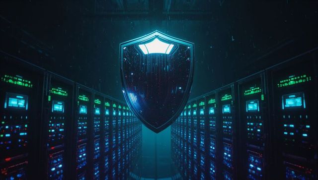 Futuristic Digital Shield Protecting Data in High-Tech Server Center
