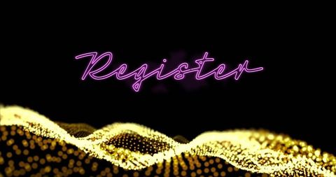 Neon Register Text with Yellow Digital Waves