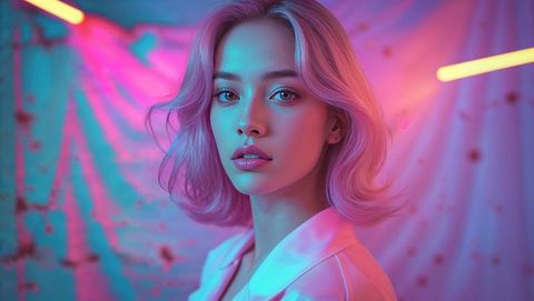 Young Woman Posing in Neon Lit Studio with Colorful Backdrop