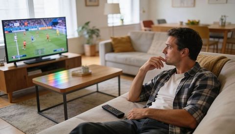Man relaxing on sofa watching live soccer match on tv holding remote in modern living room