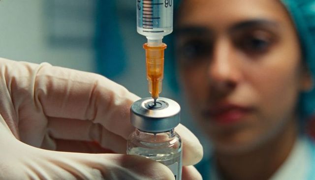 Nurse drawing vaccine from vial with syringe needle, sterile injection preparation