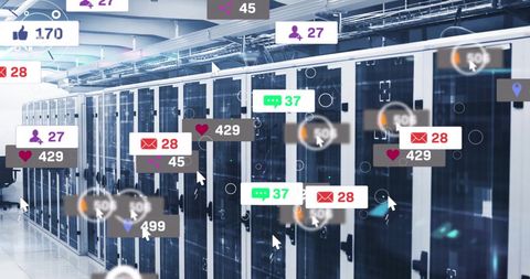 serial server row with overlay of popular social media icons - Download Free Stock Images Pikwizard.com
