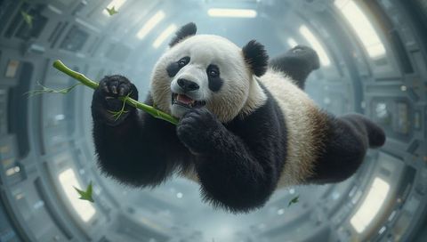 Floating giant panda gripping bamboo inside futuristic capsule tunnel in zero gravity