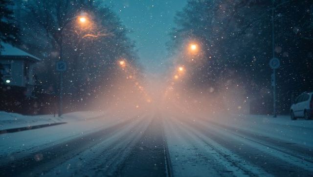 Snowy Night Street with Streetlights Casting Warm Glow and Tire Tracks