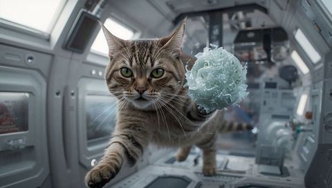 Tabby cat floating in space module pawing shredded ball in zero gravity habitat