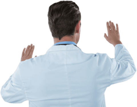 Doctor navigating transparent virtual touchscreen interface