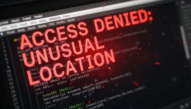 Access denied: unusual location warning overlay on code terminal for cybersecurity alert