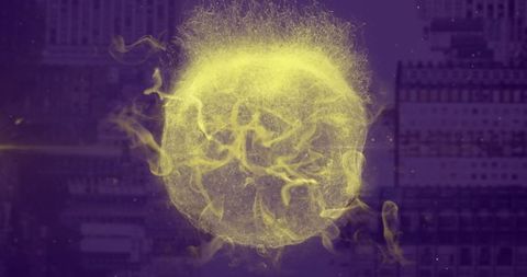 Glowing yellow sphere above city skyline: futuristic cosmics