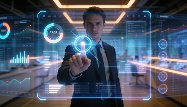 Executive Touching Futuristic Holographic Interface Controlling Data Dashboards in Office