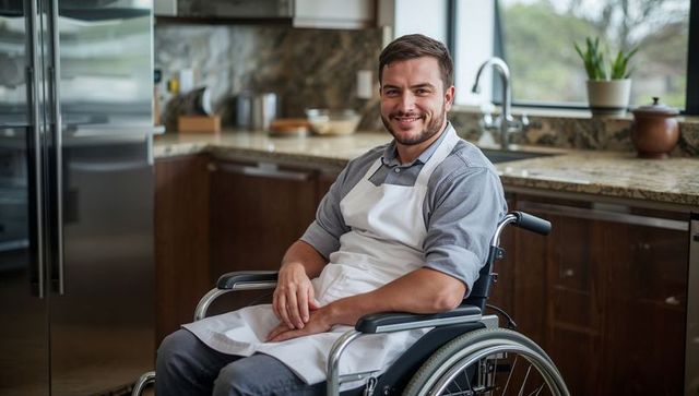 Man in wheelchair smiling in modern kitchen with wheelchair accessibility