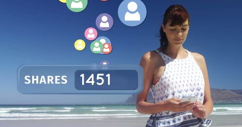 Woman Engaging on Social Media While Enjoying Beach Getaway - Download Free Stock Images Pikwizard.com