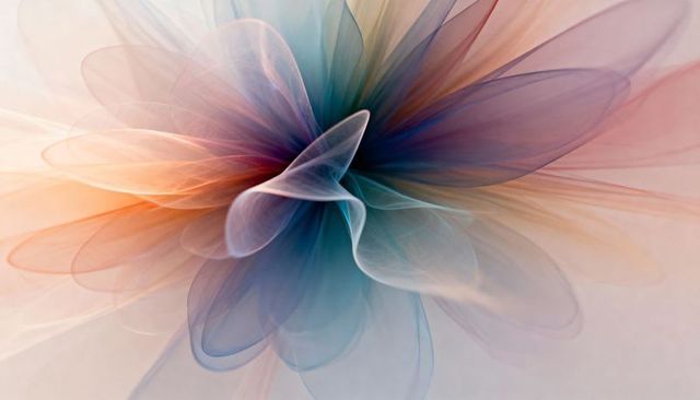 Ethereal abstract blossom flowing with translucent petals and iridescent pastel ribbons