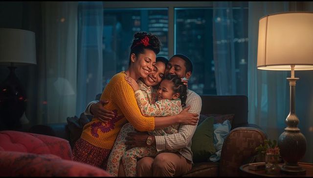 Cozy family bonding time with evening hug at home