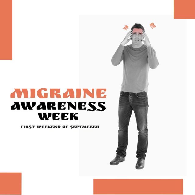 Caucasian man holding his head in pain and migraine awareness week text banner on white background. Migraine week awareness concept