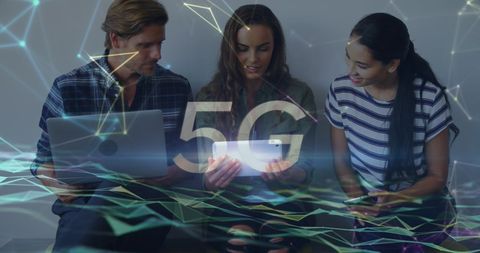 Exploring 5g technology with innovative team in workplace setting