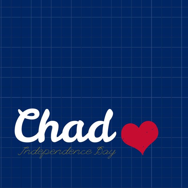 Illustration of chad independence day text with red heart shape on blue patterned background. Copy space, vector, patriotism, celebration, freedom and identity concept.