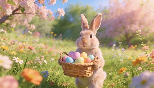 Easter bunny holding basket of pastel eggs in sunny wildflower meadow with cherry blossoms