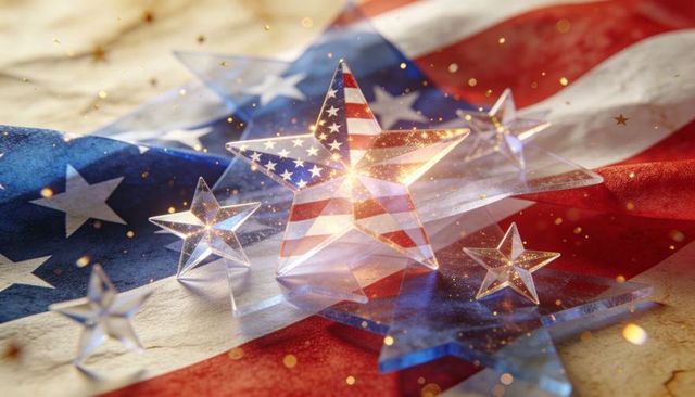 Shining glass star reflecting american flag on folded us flag with glittering stars ornament