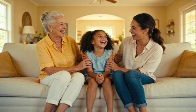 Multigenerational family laughing together on sofa in bright living room, warm togetherness