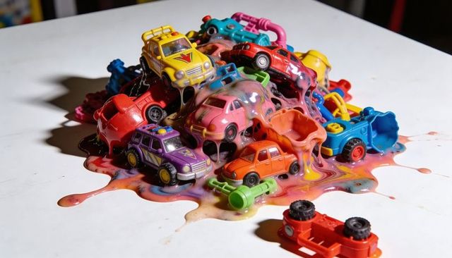 Melting multicolor wax coating piling over toy cars creating dripping colorful puddle