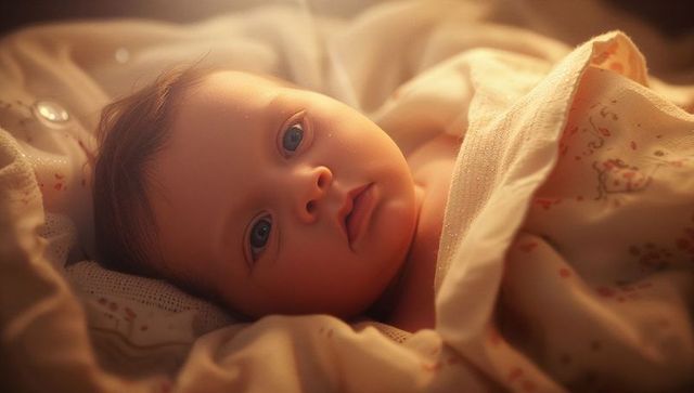 Peaceful Baby Gazing Upward in Cozy Bedding