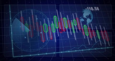 Displaying neon candlestick chart on futuristic trading hud with radar globe and analytics