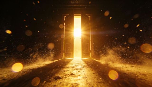 Golden light pouring through open double doors casting long rays over dusty floor