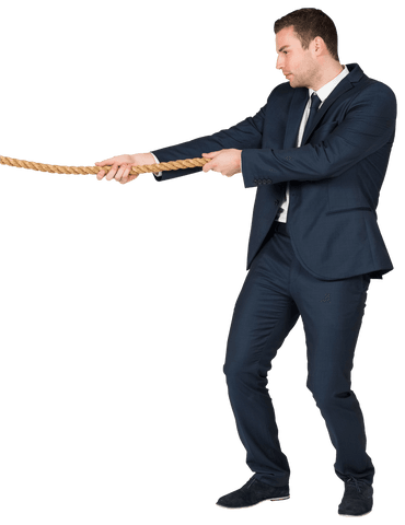 Transparent Young Businessman Pulling Rope in Blue Suit