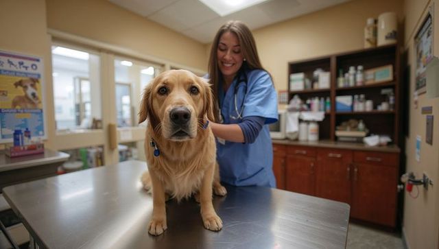 Veterinarian smiling while examining golden retriever on stainless exam table with stethoscope