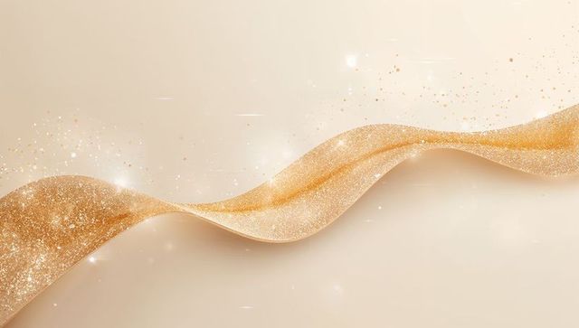 Flowing gold ribbon sparkling with glitter trail on warm beige gradient backdrop