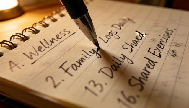 Warm-lit notebook writing list with pen focusing on Family wellness and daily habits